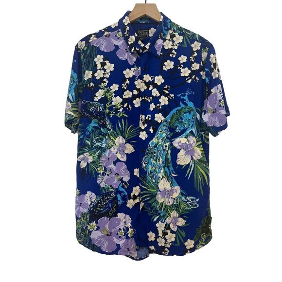 Guess Shirt Men's Button Down Floral Peacock Men's Size MED Slim Fit - Picture 1 of 6